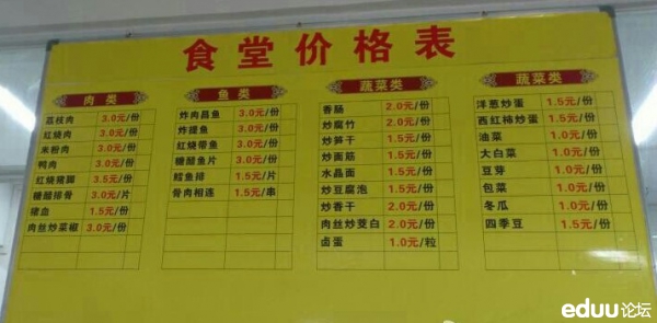 福州十九中食堂的菜单价格表,你们孩子学校的
