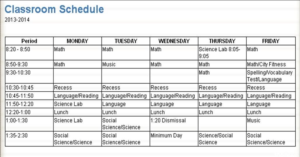 美国一所小学的作息时间及6年级课表 - 2014南