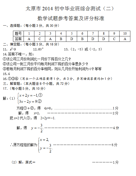 太原市2014年初中毕业班综合测试(二)数学参考